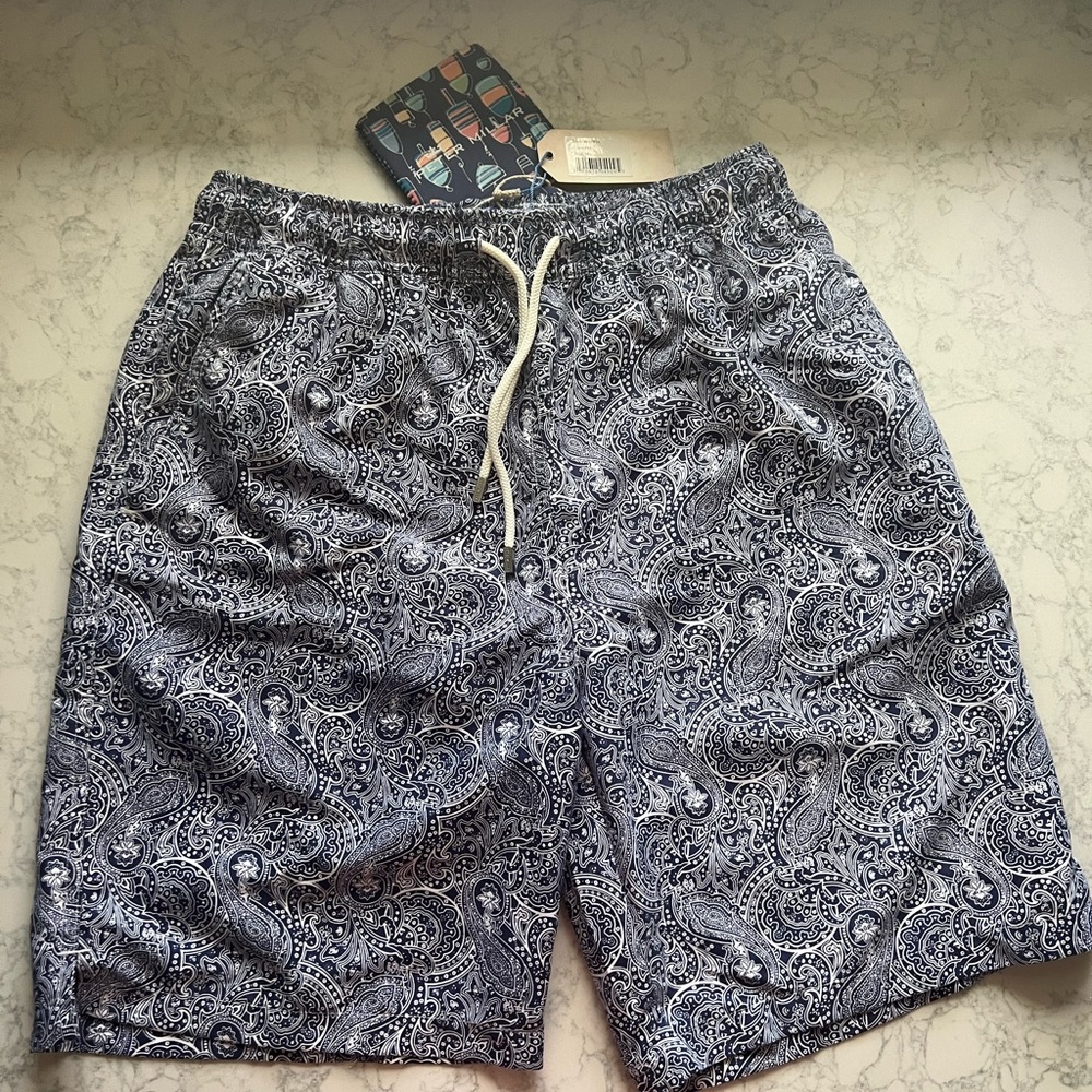 BNWT Peter Millar swim trunks blue & white paisley